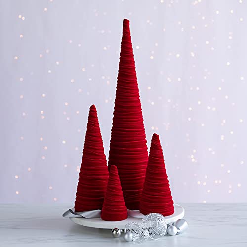 Image of Your Heart's Content Red Velvet Trees Set of 4, Luxurious Handcrafted Valentine Tree, Cozy Mantel Accent, Elegant Entryway Shelf Sitter, Winter Wedding Centerpiece (Red)