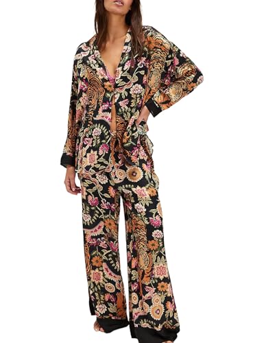 Image of Yimoon Satin Pajama Set for Women Silk Pajamas Set 2 Piece Floral Cute Pj Set Long Sleeve Pjs Sleepwear