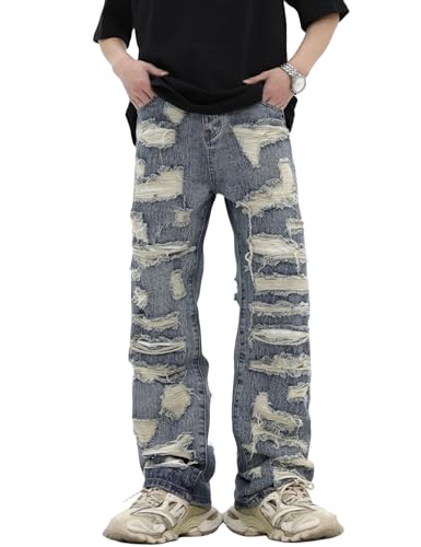 Mens Y2k Ripped Jeans Baggy Hip Hop Demin Pants Aesthetic Skater Distressed Jeans Loose Fit Jeans with Holes