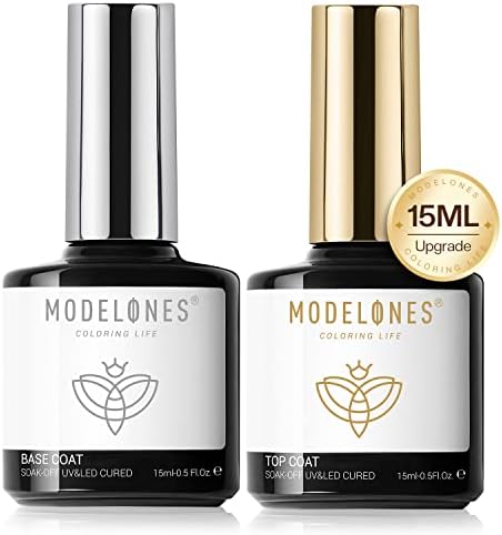 modelones 15ml Gel Nail Polish Base Top Coat Set, 2Pcs Acid Free Base and Shiny Top Coat, Nail Starter Kit No Wipe Gloss Shiny Clear Base Top Coat Gel Long Lasting for 28 Days Nail Supplies Set