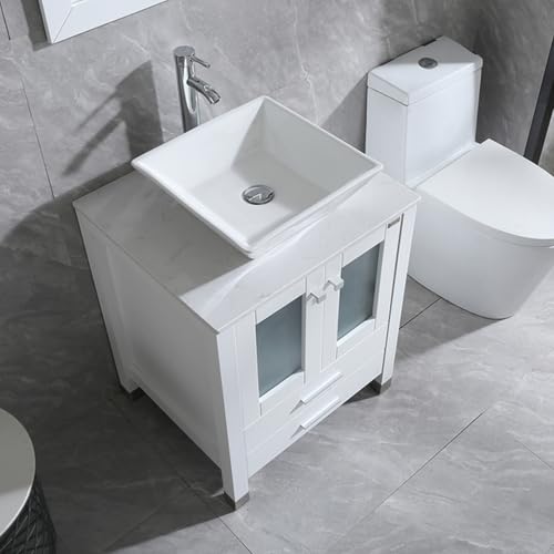 24” White Bathroom Vanity and Sink Combo Wood Cabinet Top Round Ceramic Vessel Sink Faucet Drain Combo with Mirror Vanities Set (white 2, 24")