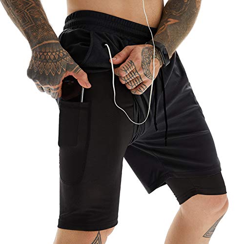 AIEOE Herren Sport Shorts 2-in-1 Trainingshose Schnelltrocknende Laufshorts Sommer Kurze Hose Schwarz Herstellergröße XL/EU M Cover