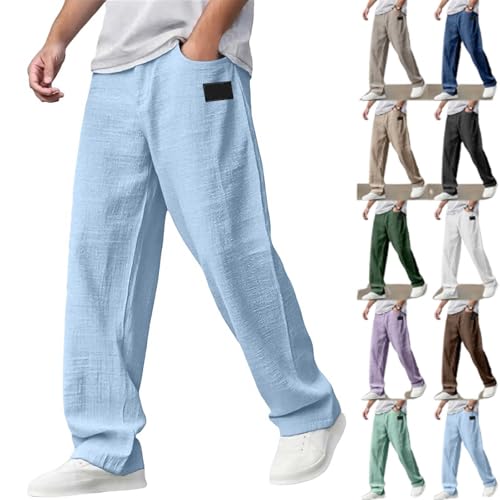 Mens Casual Hemp Fabric Embroidered Pants Lightweight Logo Drawstring Loose Pants Elastic Waist Trousers with Pockets