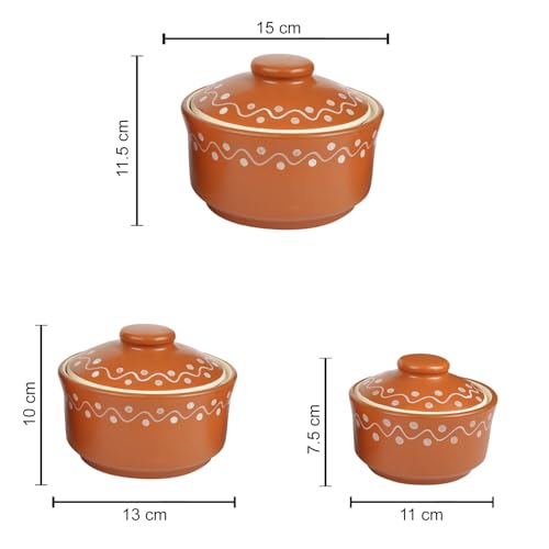 StyleMyWay Studio Pottery Handpainted Ceramic Serving Donga (Set of 3, Terracotta Brown) | Dinner Serving Bowl Set | Ceramic Kitchen Bowl Set