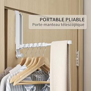 Séchoir à linge pliable pour porte jusqu'à 4,5 cm - 1 pièce optimale - Cintre de porte avec tige rétractable - Crochets de suspension pour buanderie, salle de bain, chambre à coucher, voyage (blanc, 1