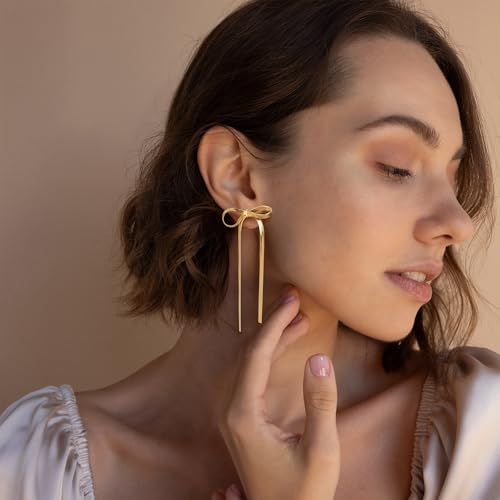 Bow Earrings for Women, 18K Gold Plated Bow Stud Earrings Bow Dangle Drop Earrings Ribbon Earrings Trendy Prom Earrings Gold Earrings for Women Gold Jewelry Gifts for Her Women3