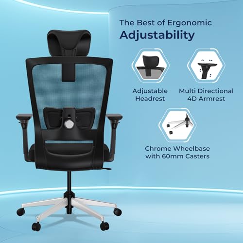 Image of The Sleep Company Stylux Premium Ergonomic Office Chair | Patented SmartGRID seat | SpinePro Lumbar Support | Work, Home, Study | Adjustable Headrest & 4D Armrests | Free Installation| Black