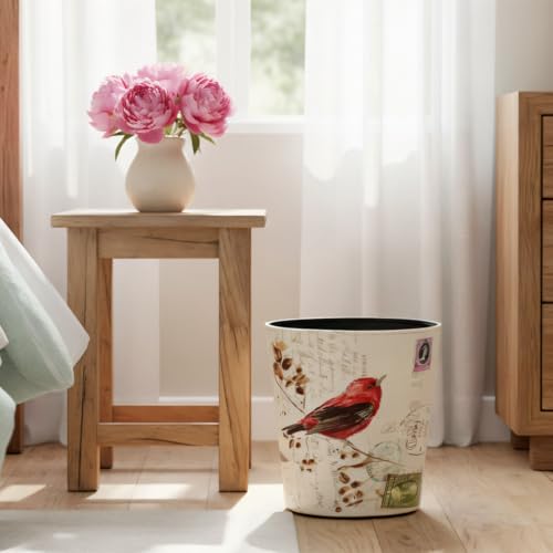 Image of PU Leather Small Trash Can Wastebasket, Round Garbage Container Basket for Bathrooms, Laundry Room, Kitchens, Offices, Kids Rooms, Bedrooms,Dorms,Home Decorative Art Bin, 2.9 Gallon(Bird Design)
