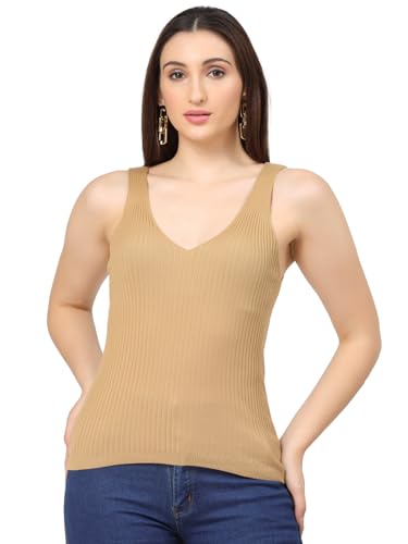 Image of Kalt Women Knitted, Ribbed Cotton Fitted Sleeveless V-Neck Cami Tank Top for Women Stylish