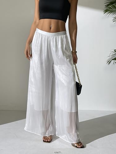 Women's Silky Shiny Wide Leg Palazzo Pants Chiffon Dressy Casual Slacks Trendy Pants3