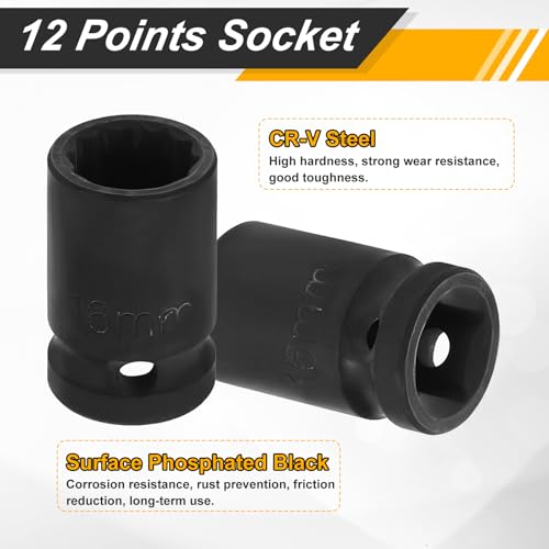 Image of HARFINGTON 2pcs 1 /2 inch Drive x 16mm Shallow Impact Socket 12-Point Metric CR-V Steel Spindle Nut Impact Flip Sleeve for Home Auto Nuts Bolts Repair