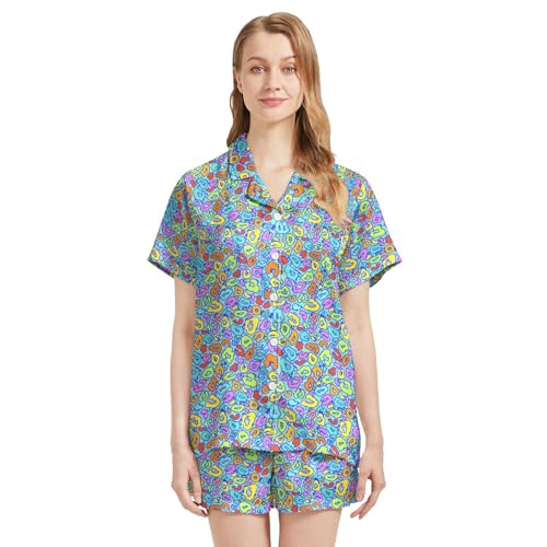 Image of Funny Pajamas for Women Set Print Satin Loungewear Pjs Short Sleeve Button Down Top and Shorts Sets Sleepwear XS-3XL
