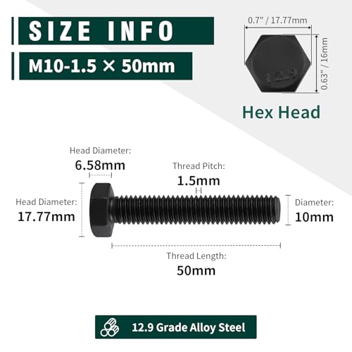 Image of M10-1.5 x 50mm Hex Bolts, 12.9 Grade Alloy Steel, Black Oxide Finish, Full Thread, Coarse Thread UNC, Hexagon Head Bolts 10 PCS