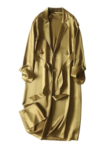 Gabardina de satén para mujer, largo y suave, bolsillos de doble botonadura, abrigo de charretera, En8, XL