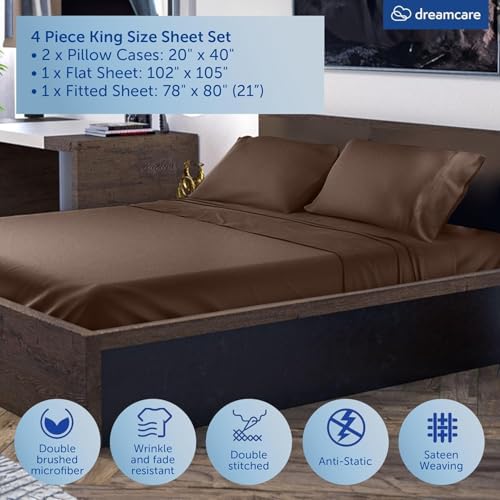 Image of DREAMCARE King Size Sheets Set - 4 pcs Breathable Cooling Sheets - up to 21 inch Extra Deep Pocket King Sheet Set with Side Pockets -Extra Soft 100% Brushed Hypoallergenic Hotel Luxury Bedding Mocha Brown