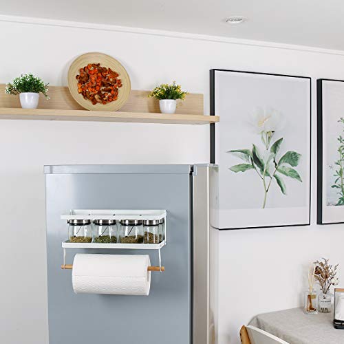 Haturi Fridge Spice Rack, Magnetic Storage Shelf with Paper Towel Holder Single Tier Kitchen Refrigerator Organizer Rack (Small,White)