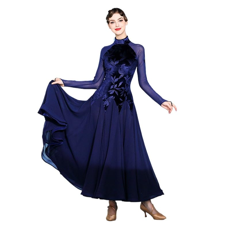 HEARTTOUCH Women Velvet Ballroom Dance Dress Modern Waltz Tango Dresses Professional Competition Performance Dance Costume (Navy Blue,Large)
