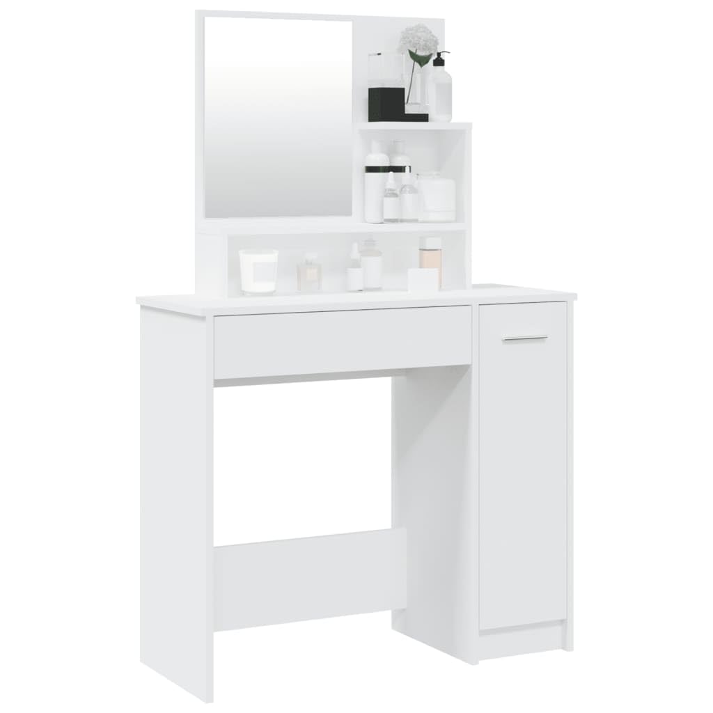 Schminktisch mit Spiegel Weiß 86,5x35x136 cm Holzwerkstoff mit Schublade und Ablage für Kosmetika, Makeup und Pflege, inkl. Stauraum, LED Beleuchtung