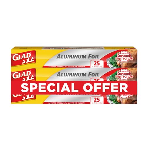 Glad Aluminum Foil 25 Sq. Ft. Pack of 3 Thicker for superior protection. Ideal for Baking Grilling Steaming and Roasting (30cm X 7.7m)