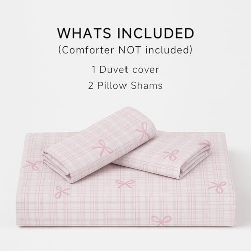 Image of Girls Duvet Cover Set Full Size,Pink Bow Ties on Gingham Pattern Reversible Bedding Set for Adults Kids,Romantic Graceful Style Microfiber Comforter Cover 3pcs with 2 Pillowcases