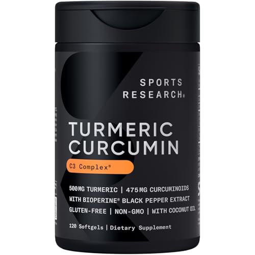 Sports Research Turmeric Curcumin C3 Complex - Softgels with Bioperine Black Pepper Extract & Organic Coconut Oil, Standardized 95% Curcuminoids - Non-GMO Verified & Gluten Free - 500mg, 120 Count