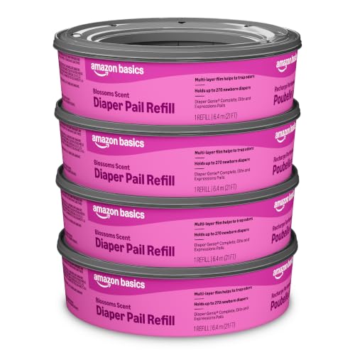 Image of Amazon Brand - Mama Bear Blossoms Scented Diaper Pail Refills for Diaper Genie Pails, Odor Control, 1080 Count (4 Packs of 270 Count), Compatible with Diaper Genie Complete, Elite & Expressions Pails
