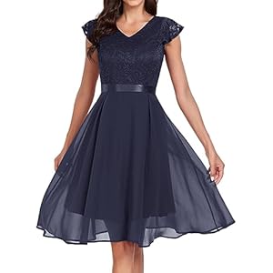 Kleid Hochzeitsgast Damen | Festliches Elegantes Spitzenkleid mit Kurzarm & Rüschen | Cocktailkleid & Abendkleid für Hochzeit und Abschlussball aus Chiffon, 03 Blau, S