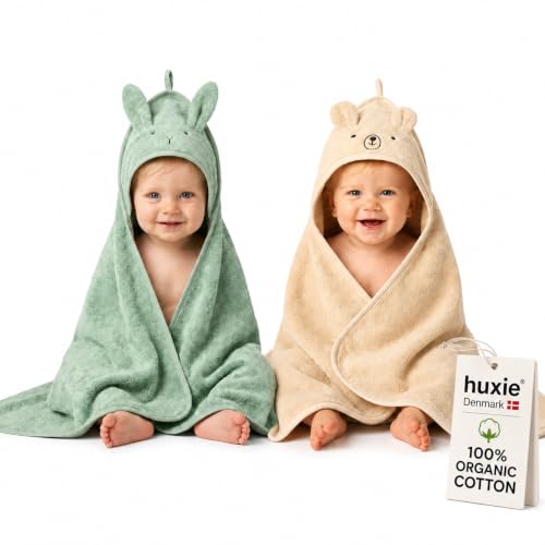 Huxie Hooded Baby Bath Towels, 100% Organic Cotton, 32"x32" 2-Pack