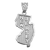 .925 Sterling Silver Dangling USA American State Map with Star Texture Charm Pendant - New Jersey