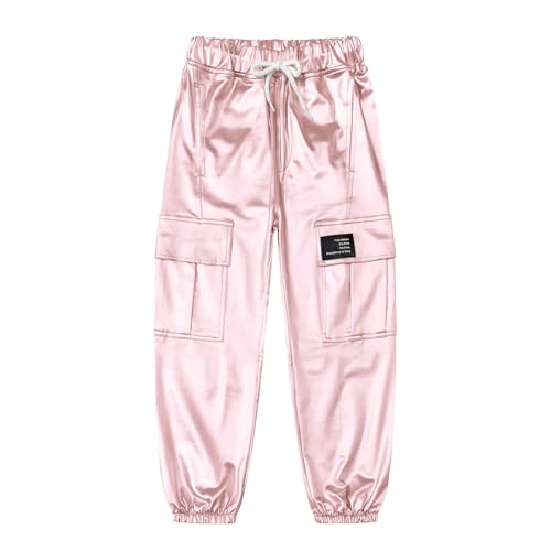 Image of Betusline Girls Clothes 2 Piece Set, Black Cute Short Sleeve Crop Tops + Light Pink Metal Cargo Jogger Pants Clothes,13-14 Years = Tag 170