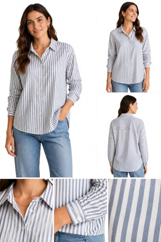 Image of Women's Cotton Linen Striped Oversized Shirt, Regular Fit, Full Sleeve, Button Down, Soft and Breathable