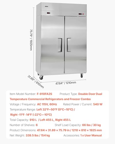 Image of VEVOR Commercial Refrigerator and Freezer Combo 48 inch W, 32 Cu.Ft Stainless Steel Upright Refrigerator /Freezer with Double Doors, Auto-Defrost, 6 Adjustable Shelves, UL Certified