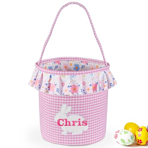 Easter Basket - VIAKDEM Easter Baskets for Kids - Easter Basket with Name - Bunny Easter Basket - Personalized Easter Baskets for Boys, Girls, Toddler, Babies, Infant - Pink Grid