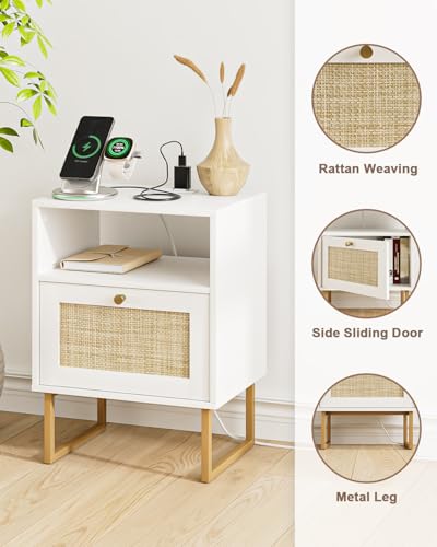 Image of Rattan Nightstand with Charging Station, Boho Night Stand Farmhouse Wood Bedside Table with Storage and Open Shelf, End Side Accent Table for Bedroom,Living Room,White