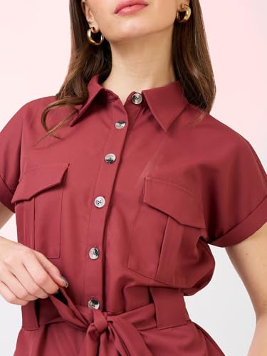 Image of Globus Women Olive Solid Shirt Collar Jumpsuit with Waist Tie-Up-3638458001