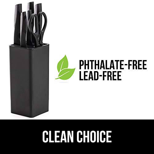 Gorilla Grip Original Premium Knife Block 7 Piece Set, Stainless Steel Blades, Includes Durable Kitchen Knives, Scissors and Stylish Block, Cutlery for Home Chef and Professional Cutting Needs, Black