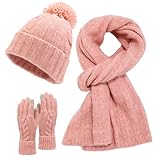 APXXAIBO Classic Braid Knit Set - Winter Fashion Hat Scarf Gloves Matching Outfit (Pink)