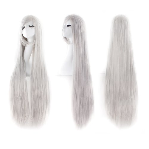 Image of MapofBeauty 40 Inch Oblique Bangs Anime Long Straight Wig, Silver Gray