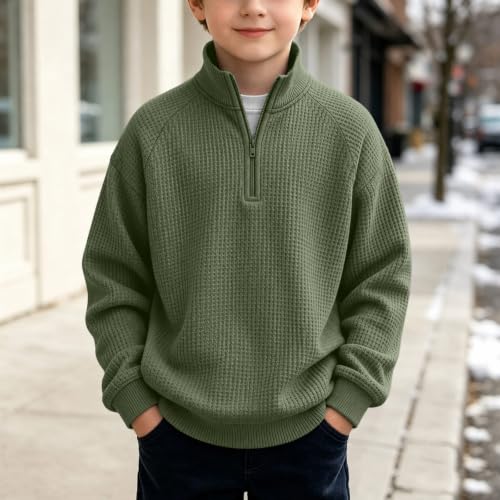 RKSTN Kids Boys Waffle Sweatshirts Trendy Quarter Zip Pullover Army Green - image 2