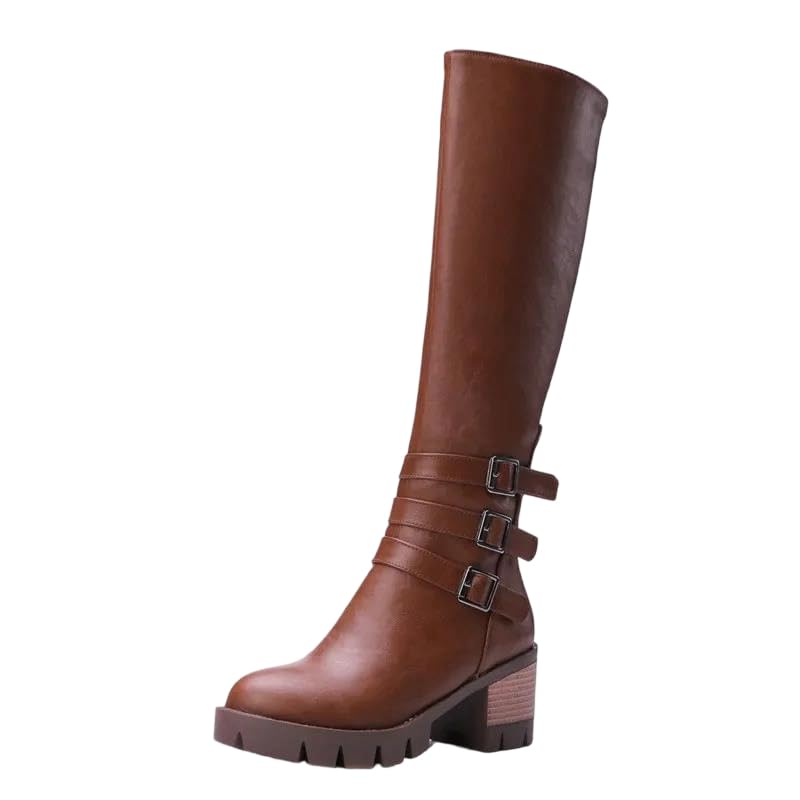 Womens Round Toe Knee High Basic Boots Side Zipper Closure Buckle Strap Square High Heel Autumn Winter Boots