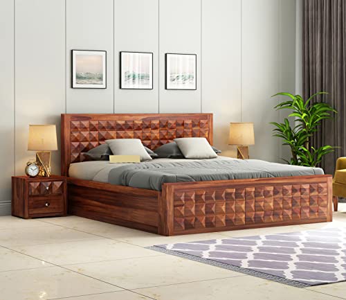 Image of Sheesham Wood King Size Bed with Storage for Bedroom Living Room Solid Wood Cot Wooden Palang Double Bed Furniture (Honey Finish)
