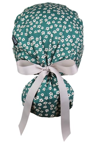 Image of Scrub Cap for Women and Men, Ponytail Scrub Caps, Working Hat, Head Cover with Ribbon Ties and Buttons, Long Hair