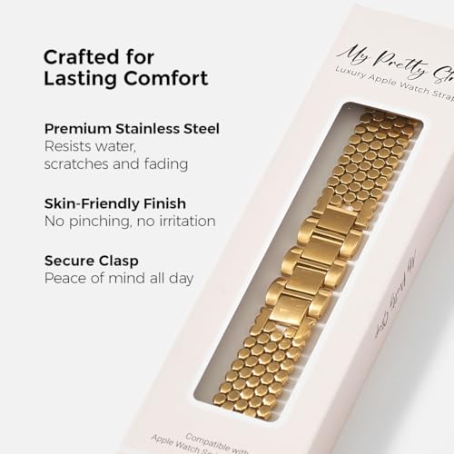 Image of My Pretty Strap - Compatible Apple Watch Band Strap, Stainless Steel Fashion iWatch Replacement Strap- Easy Resizing, No Tool Needed, Fits Most Wrists- Series 1-11, SE and Ultra