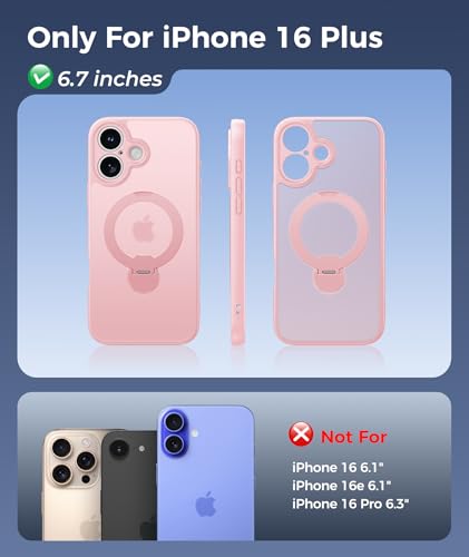 Image of FNTCASE for iPhone 16 Plus Case: [360 Spin Magnetic Stand] [Compatible with Magsafe] [Screen Protector] Translucent Matte Military Grade Shockproof Full Camera Protective Phone Cover - Pink