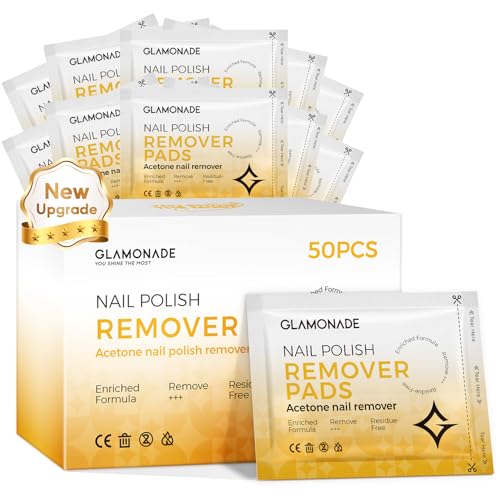 Glamonade Nail Polish Remover Pads: Acetone Nail Polish Remover Wipes 50 PCS Professional Individually Wrapped Wet Wipes Rapidly Remove Gel Fingernail Polish Travel Kit for Nail Supplies(Lemon Scent)
