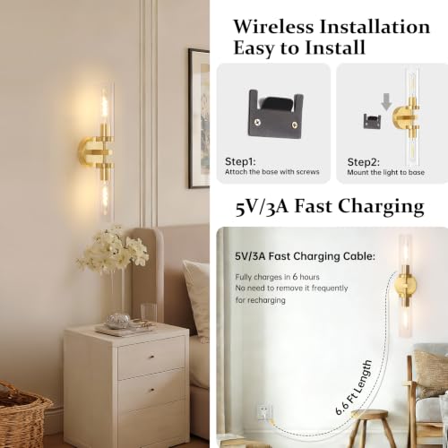 Image of Shenmoyl Set of 2 Wall Sconces, 7800 mAh Battery Operated Wall Sconce with 3 Colors & Remote Control, Gold Rechargeable Wall Lamp with Clear Glass Shade for Bedroom, Bathroom, Living Room, Hallway