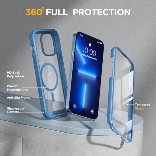 Image of Miracase for iPhone 13 Pro Case 6.1 inch,Full-Body Protection,Clear Bumper Case with Built-in 9H Tempered Glass Screen Protector,Military-Grade Drop Protection Outdoor Phone Case for iPhone 13 Pro,Blue