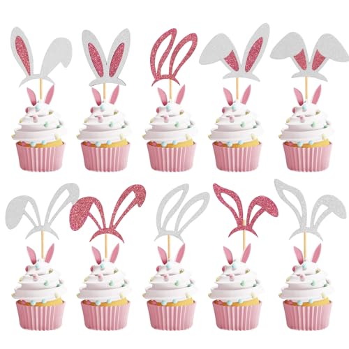 60 Pcs Easter Cupcake Toppers,Easter Bunny Ear Cupcake Toppers Easter Rabbit Cake Toppers Glitter Easter Day Cake Toppers for Easter Spring Party Supplies,Bunny Ear