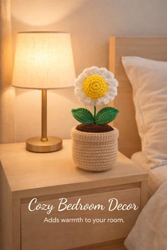 Image of Handmade Crochet Sunflower Pot - Eco-Friendly Knitted Flower Plant for Home, Office & Gifts (Beige)