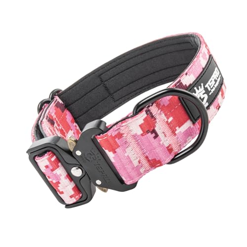 TSPRO Premium Dog Collars Tactical Dog Collar with Patch and Heavy Duty Quick-Release Metal Buckle Durable Thick and Adjustable for Medium to Large Dogs (Camo Pink L)